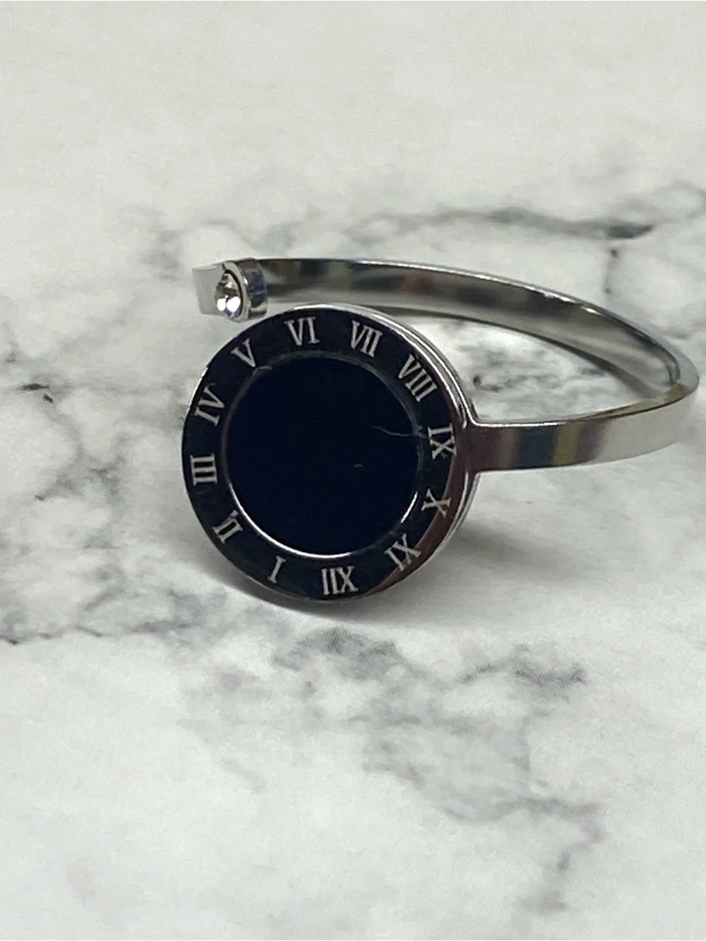 Unisex Black and Silver Roman Accent Stainless Steel Ring